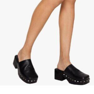 FOWT Black Square Toe Slip on Muels Rivet Studded Chunky Heel Slippers
